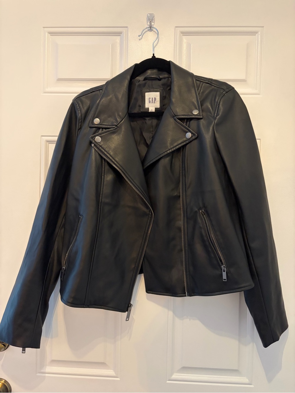 GAP Women's Black Faux Leather Moto Jacket with Zip Details